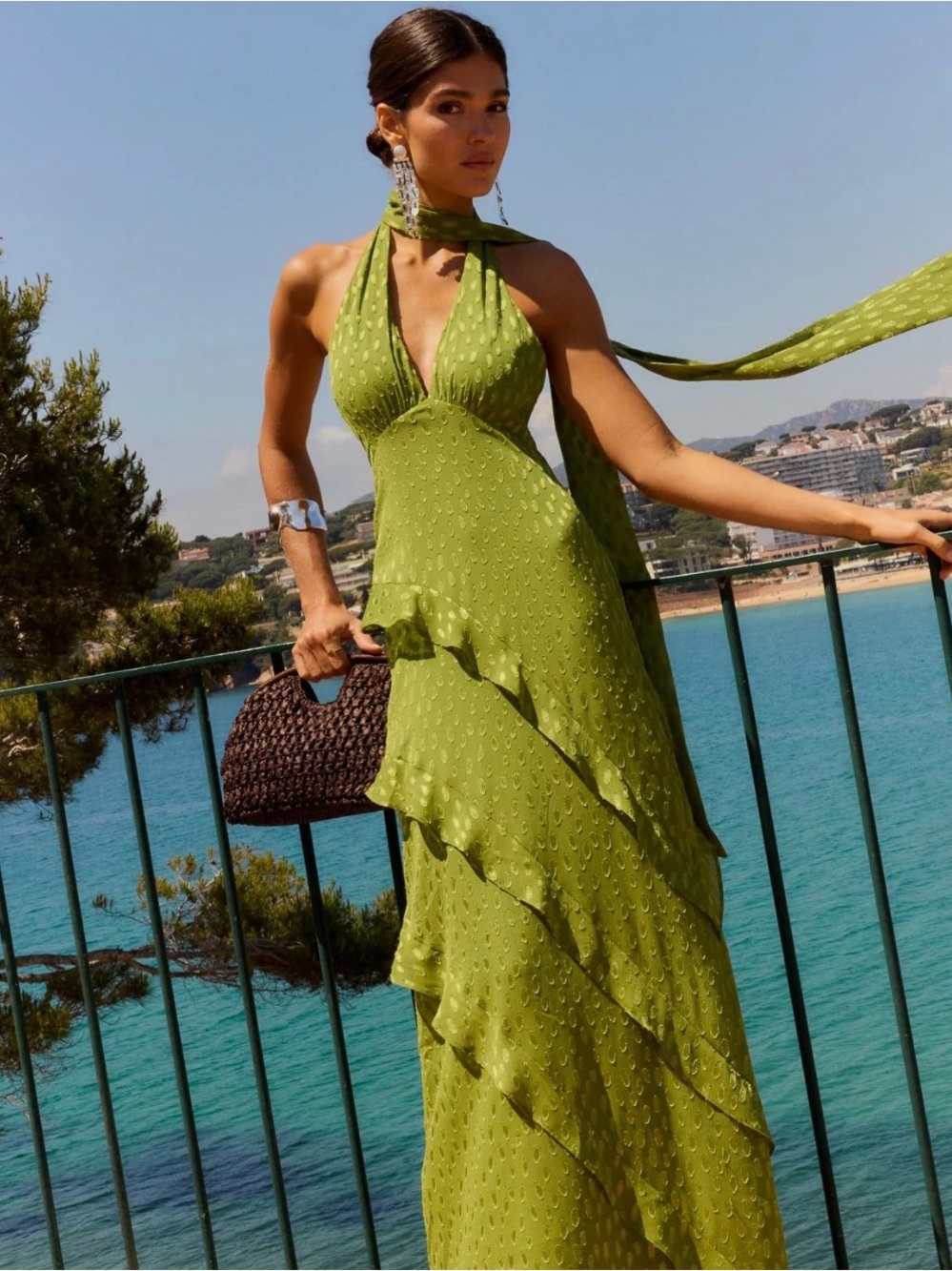Lady Pipa Florence Olive Oil Green Halter Maxi Dress and Shawl